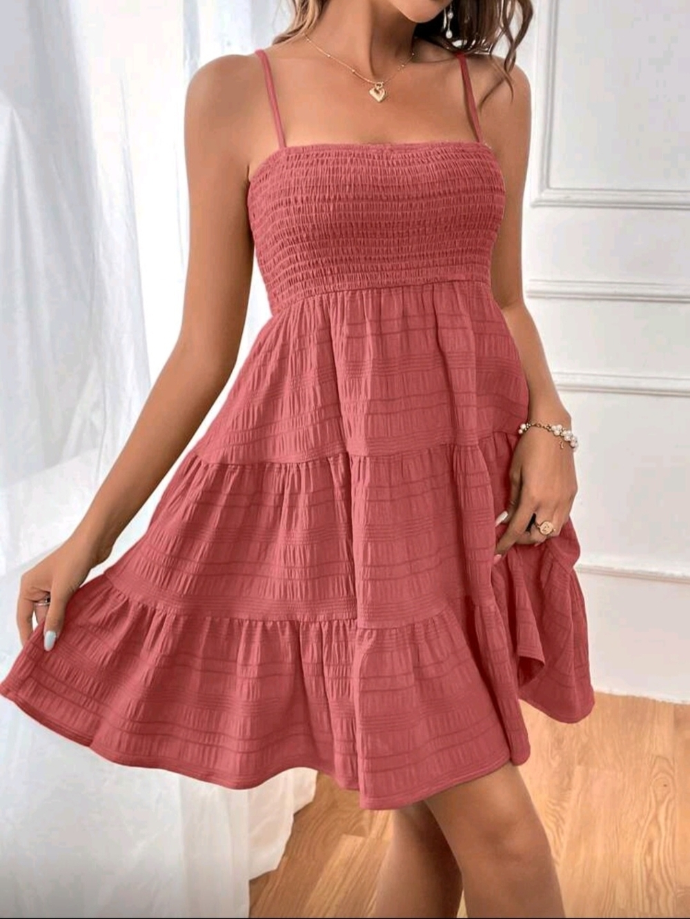 SHEIN Dusty Rose Smocked Tiered Spaghetti Strap Mini Dress - Picture 6 of 15